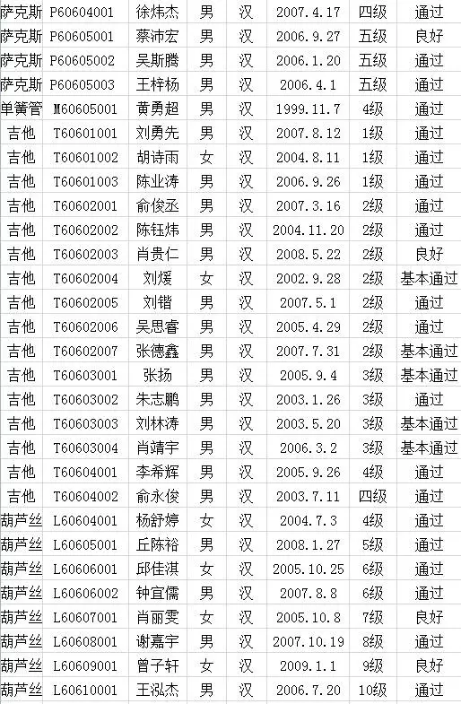 2017年中国歌舞剧院考级成绩（长汀）